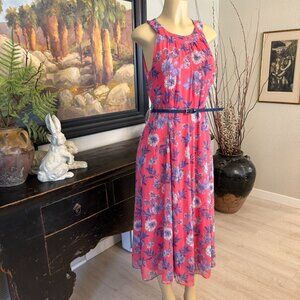 Tommy Hilfiger Hi Neck Sleeveless Blue Floral Dress w/ Blue Waist Belt